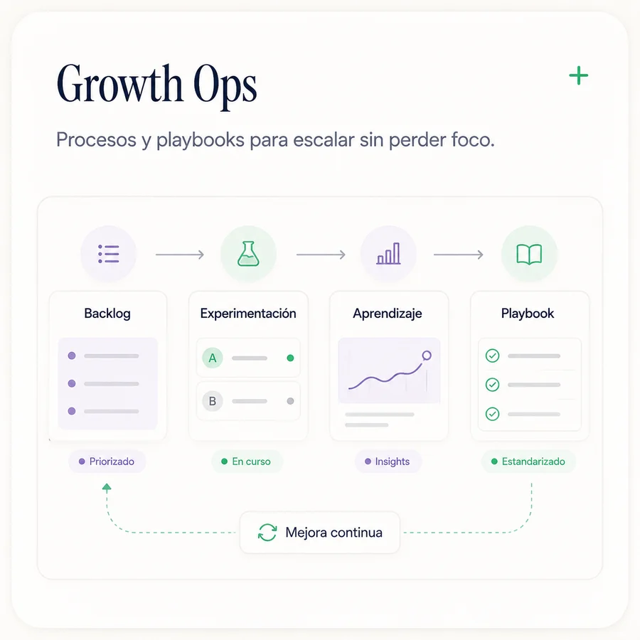 Growth Ops — procesos y playbooks: backlog, experimentación, aprendizaje y playbook en mejora continua.