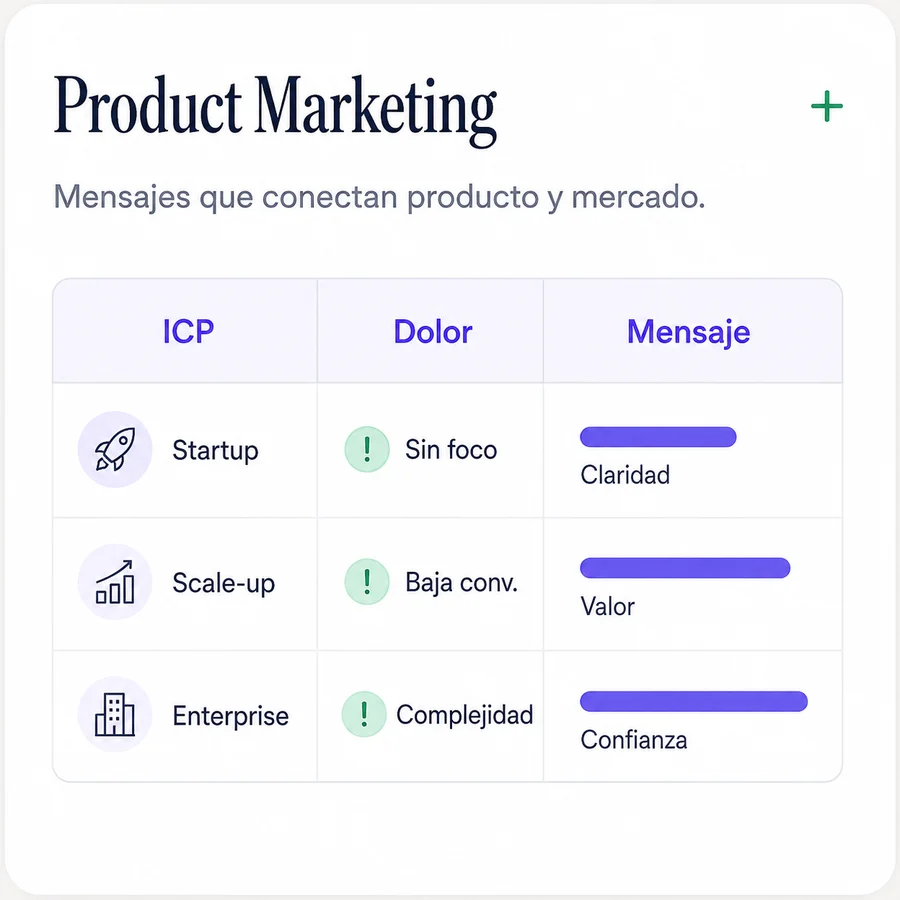 Product Marketing — mensajes que conectan producto y mercado: tabla ICP, dolor y mensaje.